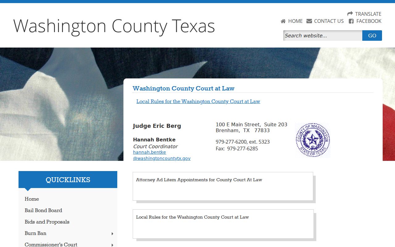 Washington County warrant records and County Court at Law office information