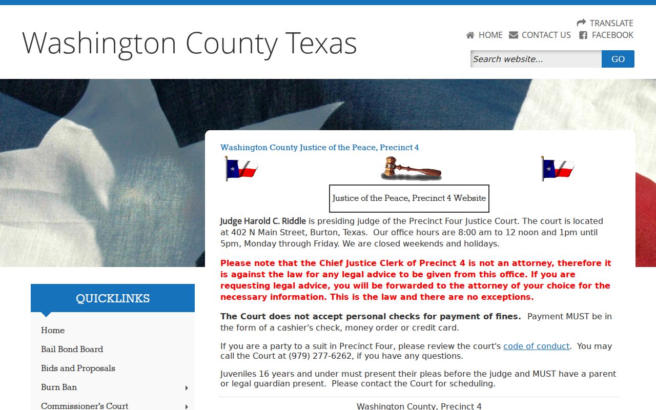 Washington County Burton warrant records and JP4 court address and payment details