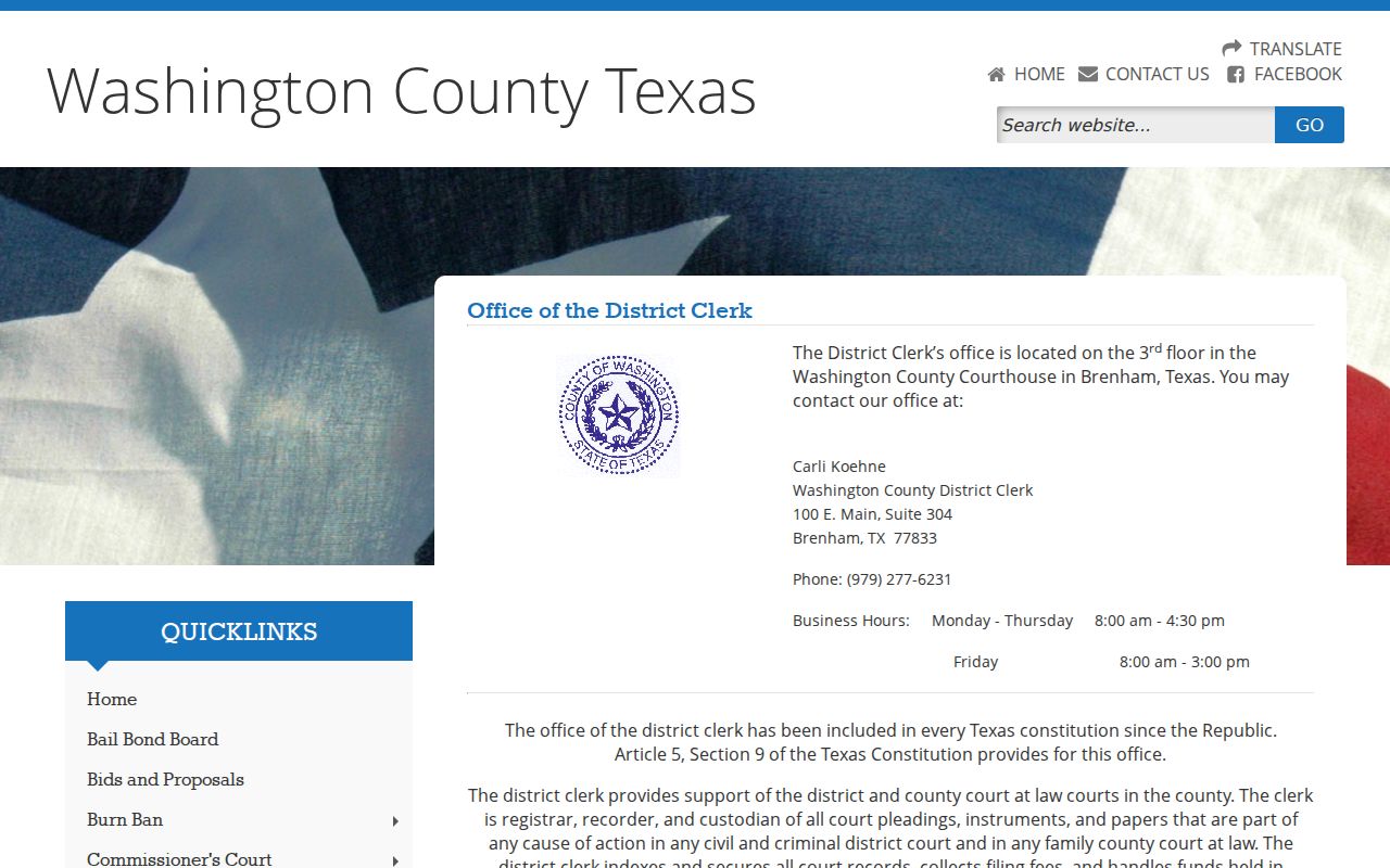 Washington County arrest warrant and District Clerk felony record office