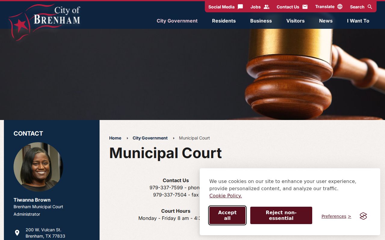 Washington County municipal warrant and Brenham Municipal Court contact information