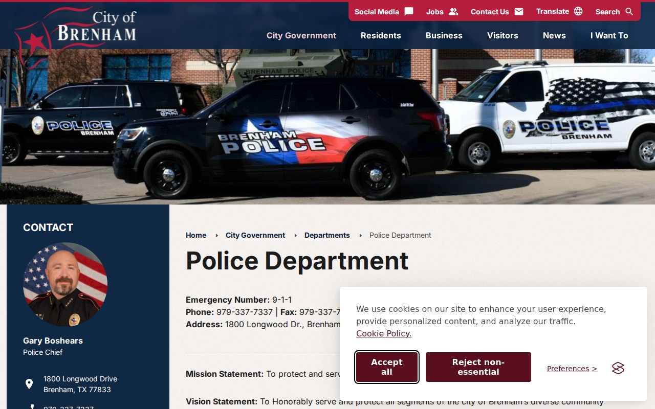 Brenham warrant records and police department contact information